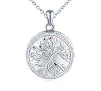 Yumilok Damen Halskette 925 Sterling Silber Kette Lebensbaum Herz Stammbaum Zirkonia Mehrfarbig Rund Medaillon zum Öffnen für Bilder Foto