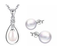 Yumilok Damen Halskette Kette mit Anhänger Perlen Träne Tropfen Zirkonia Ohrstecker Ohrringe Creolen Stecker 925 Sterling Silber Schmuck Set für Frauen Mädchen