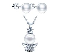 Yumilok Damen Halskette mit Anhänger Damen Ohrringe Perle Ohrstecker Schutzengel Schmuckset für Frauen Mädchen Hypoallergen 925 silber Weiß