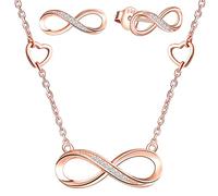 Yumilok Damen Halskette mit Anhänger Unendlichkeit Infinity Herz eleganter Halsschmuck Damen Ohrringe Ohrstecker Geschenk-Set für Frauen Rosegold