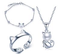 Yumilok Damen Halskette mit Katze Kätzchen Anhänger Damen Armkette Damen Ring Bandring Schmuck Sets Kette 8mm Perle Zirkonia 925 Sterling Silber für Damen Mädchen
