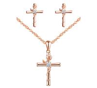 Yumilok Damen Halskette Ohrringe Schmuck Set 925er Silber mit Kreuz Rose Anhänger für Damen Frauen Roségold