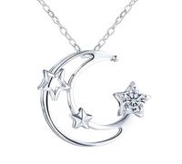 Yumilok Damen Halskette Silber Mond - Damen Kette 925 Sterling Silber mit Mond Stern Anhänger 0.3 Karat Moissanit Diamant Geschenk für Ehefrau Mann Freundin Freund