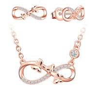 Yumilok Damen Kette aus 925 Sterling Silber mit Unendlichkeit Anhänger, Zirkonia Schmetterling Set, Halskette und Ohrstecker für Frauen, Rosegold
