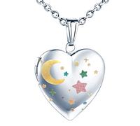 Yumilok Damen Kette Medaillon Kette Foto Schneeflocke Mond Stern Halskette Photo Medaillon Herzanhänger Amulett Anhänger Edelstahl Schmuck für Mädchen