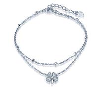 Yumilok Damen Mädchen Allergenfrei 925 Sterling Silber Vierblättriges Kleeblatt Fashion Fußkettchen Fußkette Doppelketten FußSchmuck