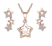 Yumilok Damen-Ohrstecker Halskette Kette mit Pentagram Stern Sternchen Mond Anhänger Zirkonia Ohrringe Creolen Schmucksets Geschenk für Frauen Mädchen Roségold