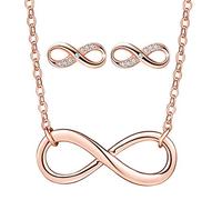 Yumilok Damen-Ohrstecker Halskette Kette mit Unendlichkeit Infinity Symbol Anhänger Zirkonia Ohrringe Creolen Schmucksets 925 Sterling Silber Geschenk für Frauen Mädchen Roségold