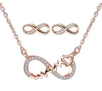 Yumilok Damen-Ohrstecker Halskette Kette mit Unendlichkeit Infinity Symbol Herz Herzschlag Anhänger Zirkonia Ohrringe Creolen Schmucksets 925 Sterling Silber Geschenk für Frauen Mädchen Roségold