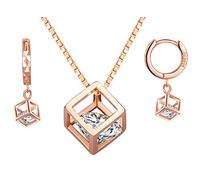Yumilok Damen-Ohrstecker Halskette Kette mit Zauberwürfel Würfel Anhänger Zirkonia Solitär Ohrringe Creolen Schmucksets Geschenk für Frauen Mädchen Roségold