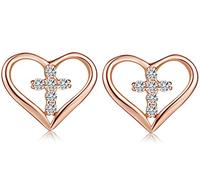 Yumilok Damen Ohrstecker Ohrringe Roségold Herz Kreuz Zirkonia 925 Sterling Silber Hypoallergen Ohrschmuck für Damen Frauen Mädchen