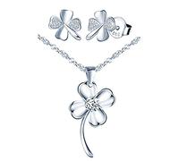 Yumilok Damen Schmuck Set 4 Blättriges Kleeblatt Ohrringe Halskette 925 Sterling Silber Stecker mit Weiß Zirkonia Glücksbringer