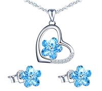 Yumilok Damen Schmuckset Halskette mit Blau Pflaumenblüte Kristall Zirkonia Anhänger & Ohrstecker Ohrringe aus 925 Sterling Silber