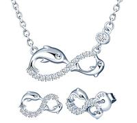Yumilok Damen Schmuckset Halskette mit Delfin Unendlichkeit Liebe Zirkonia Anhänger & Damen Ohrstecker Ohrringe aus 925 Sterling Silber