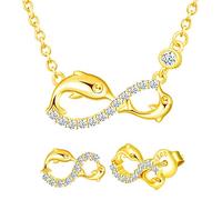 Yumilok Damen Schmuckset Halskette mit Delfin Unendlichkeit Liebe Zirkonia Anhänger & Damen Ohrstecker Ohrringe aus 925 Sterling Silber Gold