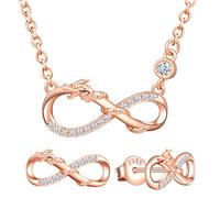 Yumilok Damen Schmuckset Halskette mit Drachen Unendlichkeit Anhänger & Damen Ohrstecker Ohrringe aus 925 Sterling Silber Roségold
