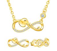 Yumilok Damen Schmuckset Halskette mit Elefant Unendlichkeit Anhänger & Damen Ohrstecker Ohrringe aus 925 Sterling Silber Gold