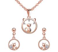 Yumilok Damen Schmuckset Halskette mit Katze Anhänger & Damen Ohrstecker Ohrringe aus 925 Sterling Silber Roségold für Frau Mädchen