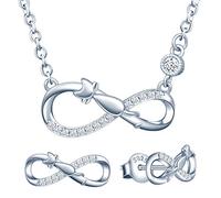 Yumilok Damen Schmuckset Halskette mit Katze Unendlichkeit Anhänger & Damen Ohrstecker Ohrringe aus 925 Sterling Silber