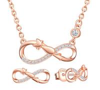 Yumilok Damen Schmuckset Halskette mit Katze Unendlichkeit Anhänger & Damen Ohrstecker Ohrringe aus 925 Sterling Silber Roségold