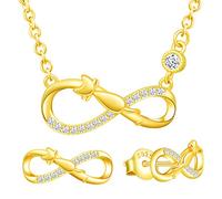 Yumilok Damen Schmuckset Halskette mit Katze Unendlichkeit Anhänger & Damen Ohrstecker Ohrringe aus 925 Sterling Silber Gold