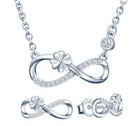 Yumilok Damen Schmuckset Halskette mit Kleeblatt Vier Kleeblatt Glücksklee Unendlichkeit Anhänger & Damen Ohrstecker Ohrringe aus 925 Sterling Silber