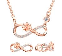Yumilok Damen Schmuckset Halskette mit Kleeblatt Vier Kleeblatt Glücksklee Unendlichkeit Anhänger & Damen Ohrstecker Ohrringe aus 925 Sterling Silber Roségold