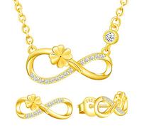 Yumilok Damen Schmuckset Halskette mit Kleeblatt Vier Kleeblatt Glücksklee Unendlichkeit Anhänger & Damen Ohrstecker Ohrringe aus 925 Sterling Silber Gold