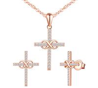 Yumilok Damen Schmuckset Halskette mit Kreuz Anhänger & Kreuz Ohrstecker Ohrringe aus 925 Sterling Silber Roségold