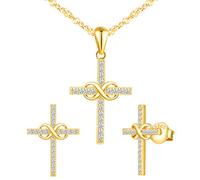 Yumilok Damen Schmuckset Halskette mit Kreuz Anhänger & Kreuz Ohrstecker Ohrringe aus 925 Sterling Silber Gold