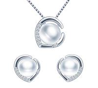 Yumilok Damen Schmuckset Halskette mit Perlen Zirkonia Anhänger & Damen Ohrstecker Ohrringe aus 925 Sterling Silber für Frau Mädchen