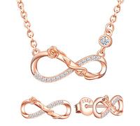Yumilok Damen Schmuckset Halskette mit Rose Unendlichkeit Anhänger & Damen Ohrstecker Ohrringe aus 925 Sterling Silber Roségold
