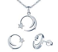 Yumilok Damen Schmuckset Halskette mit Stern Mond Zirkonia Anhänger & Damen Ohrstecker Ohrringe aus 925 Sterling Silber