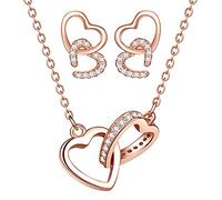 Yumilok Damen Schmuckset Halskette Ohrringe Set Doppel Herz Kette Ohrstecker in 925 Sterling Silber mit Zirkonia Allergenfrei Roségold
