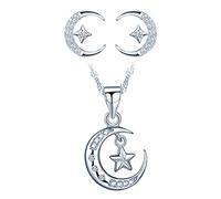 Yumilok Damen Schmuckset Halskette Ohrringe Set Mond Stern Kette Ohrstecker in 925 Sterling Silber mit Zirkonia Allergenfrei für Mädchen