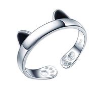 Yumilok Damenring schwarz Katze Ohr Pfotenabdruck Ring Ehering Verlobungsring Freundschaftsring Lifestyle-Ring 925 Sterling Silber verstellbar