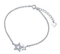 Yumilok Doppel-Sterne Herz 925 Sterling Silber Zirkonia Charm-Armband Armkette Silber Gliederarmband für Damen Frauen Mädchen, 6.5-7.5" Verstellbar