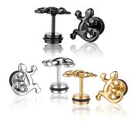 Yumilok Edelstahl Gecko Echsen Eidechse Gestüt Stecker Ohrstecker Piercing Ohrringe Hypoallergen Ohrschmuck für Damen Herren, 3 Paare(Schwarz, Silber, Gold)