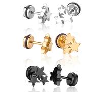 Yumilok Edelstahl Sterne Pentagramme Gestüt Stecker Ohrstecker Piercing Ohrringe Ohrschmuck für Damen Herren Kinder, 3 Paare(Schwarz, Silber, Gold)