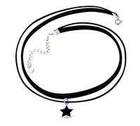 Yumilok Frauen Damen Mädchen Choker Doppel Kette Halskette mit Stern Anhänger Choker Halskette Halsband Schwarz Seil Leder