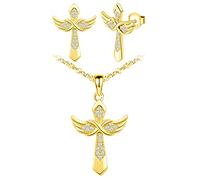 Yumilok Halskette Damen Kreuz Symbol in 925 Sterling Silber Kette Religion Unendlichkeit Flügel Anhänger Zirkonia Damen Ohrstecker Set für Damen Mädchen