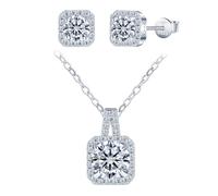 Yumilok Halskette Damen Ohrringe Set - Damen Kette Silber 925 Viereck mit 1 Karat Moissanit Diamant Solitär Anhänger Damen Ohrstecker 0.5 Karat Schmuckset für Damen