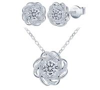 Yumilok Halskette Damen Silber Ohrringe - Damen Kette Ohrstecker Schmuck Set mit Blume Anhänger aus 925 Sterling Silber 1 Karat Moissanit Diamant Blume Halskette Silber 925 Geschenk für Frauen