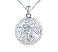 Yumilok Kette Damen Halskette 925 Sterling Silber Lebensbaum Herz Stammbaum Blau Rund Medaillon zum Öffnen für Bilder Foto
