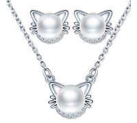 Yumilok Kette Damen Halskette Damen Ohrstecker Ohrringe Katzen Schmuck Set mit Weiß Perle aus 925 Sterling Silber für Damen Frauen Mädchen