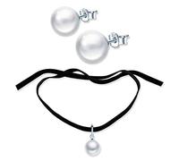 Yumilok Kette Damen Halskette Halsband Damen Ohrstecker Ohrringe Vintage Schmuck Sets mit Weiß Perle aus 925 Sterling Silber für Damen Frauen schwarz