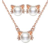 Yumilok Kette Damen Halskette Katzen Damen Ohrringe Ohrstecker Schmuck Set mit Weiß Perle aus 925 Sterling Silber für Damen Frauen Mädchen Roségold