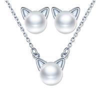 Yumilok Kette Damen Halskette Katzen Damen Ohrringe Ohrstecker Schmuck Set mit Weiß Perle aus 925 Sterling Silber für Damen Frauen Mädchen