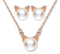 Yumilok Kette Damen Halskette Katzen Damen Ohrringe Ohrstecker Schmuck Set mit Weiß Perle aus 925 Sterling Silber für Damen Frauen Mädchen Roségold