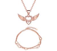 Yumilok Roségold 925 Sterling Silber Engelsflügel Herzen Charm Armband Halskette Schmuck Set Armkette & Kette mit Anhänger Set für Damen Mädchen